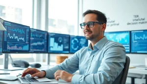 AI research assistant visual representing https://benchbot.ai in a modern office setting with data analytics.