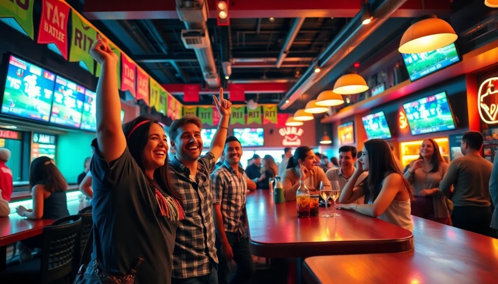 Engaged fans celebrating a win at the best sports betting sites for Mexico in a lively sports bar scene.