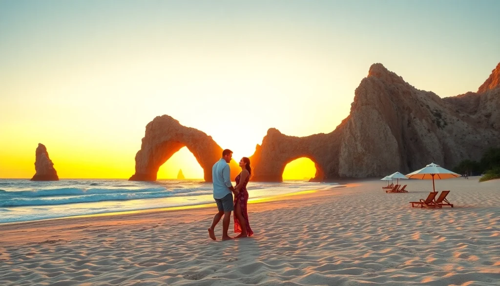 Couple enjoying Cabo Travel & Tourism sunset on a beach with iconic rock formations.