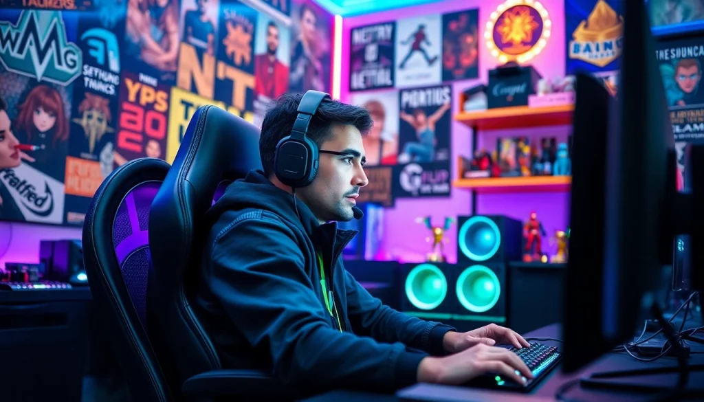 Menggambarkan daftar ggsoft game dengan gamer fokus di setup penuh teknologi canggih.