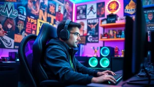 Menggambarkan daftar ggsoft game dengan gamer fokus di setup penuh teknologi canggih.