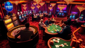Engaging players at a luxurious casino featuring 79king branding on poker tables and slot machines.