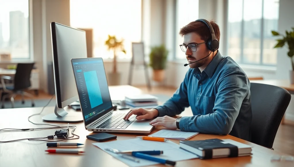 Delivering expert computer support and services with a focused technician working on a laptop.