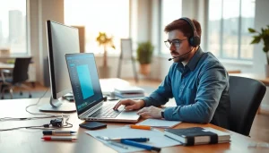 Delivering expert computer support and services with a focused technician working on a laptop.