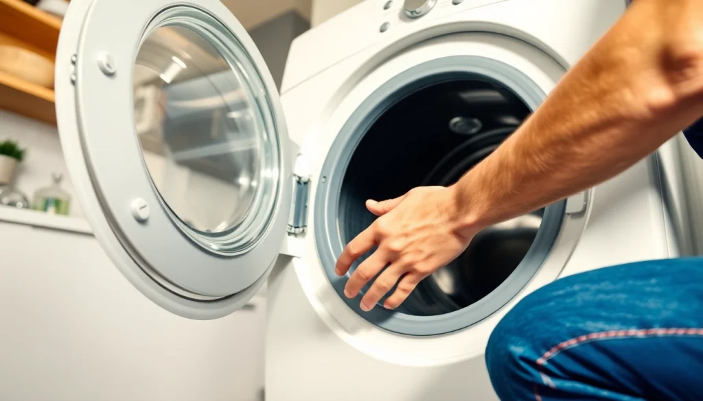 washing machine repair philadelphia service technician fixing a washer in a bright kitchen setting.