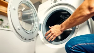 washing machine repair philadelphia service technician fixing a washer in a bright kitchen setting.