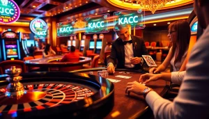 Casino action with players, poker chips, and a roulette wheel showcasing KJC AC 1 excitement in gaming.