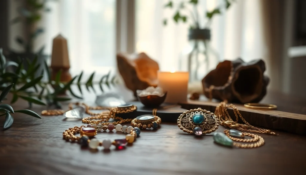 Showcasing exquisite spiritual jewelry with healing gemstones and gold accents.