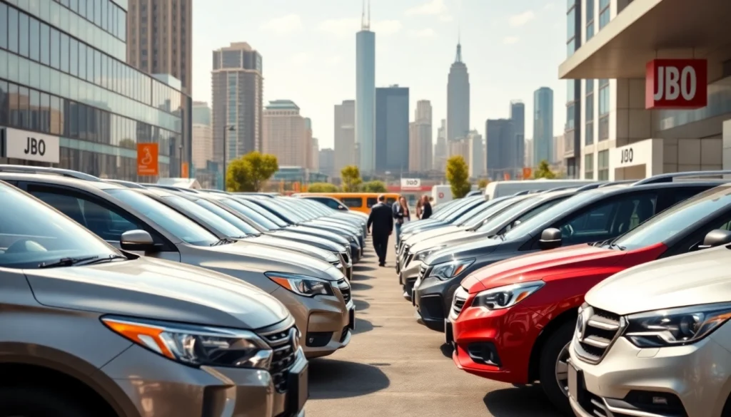 JBO rental cars positioned in an urban setting, highlighting variety and convenience.