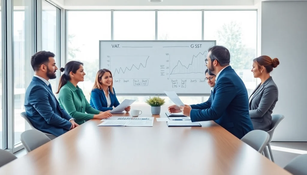 A group analyzing the vat and gst difference in a professional meeting setting.