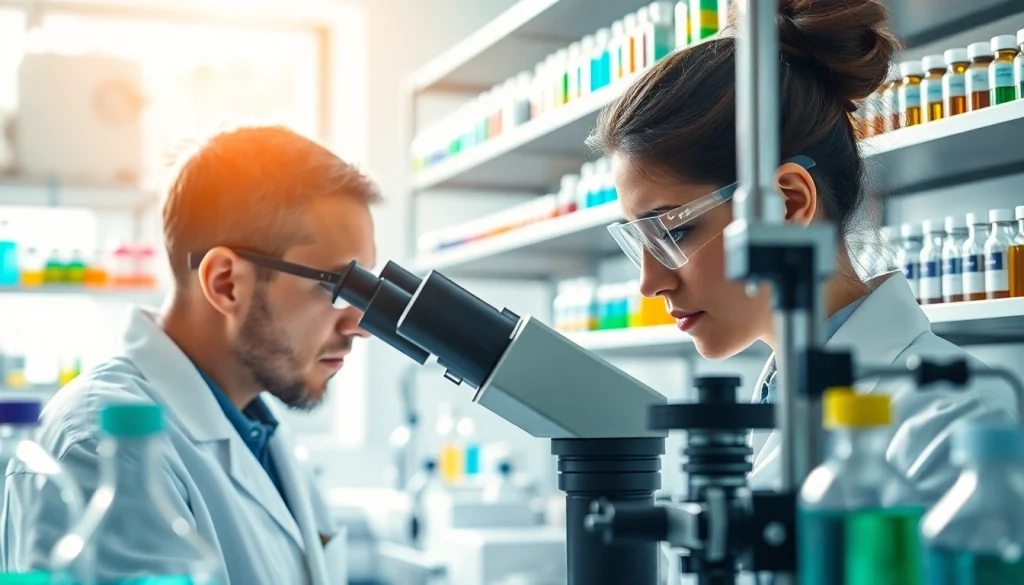 Analyze research peptides in a bright laboratory with advanced equipment and colorful samples.