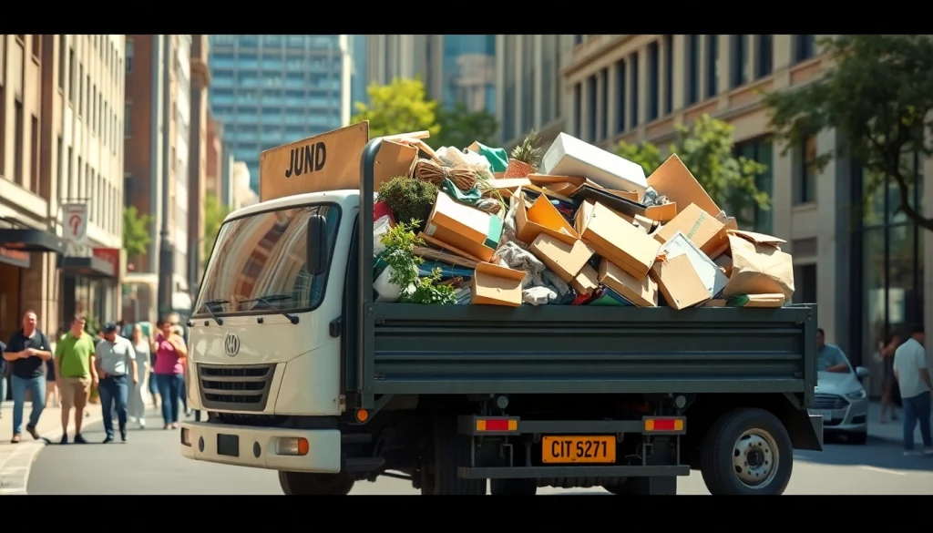 Efficient junk removal service represented by https://myeasyjunkremoval.com with a clean truck in a sunny urban environment.