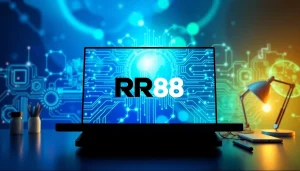 Showcasing the bold RR88 logo in a modern digital workspace, highlighting creativity.