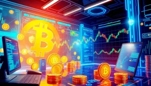 Scena handlu kryptowalutami z sieciami blockchain, portfelami Bitcoin i analizami rynkowymi.