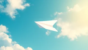 Capture the essence of creativity with a soaring paper airplane, representing 纸飞机中文版 and freedom.