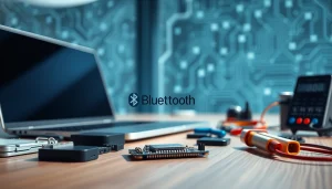 Showcasing a Bluetooth module in a modern tech workspace with vibrant details and tools.