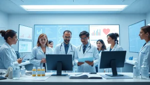 Researchers analyzing data in the ADAPTABLE Aspirin Study at a modern laboratory.