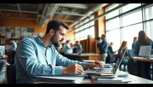 Journalist writing an article for suntimesnews.com in a busy newsroom