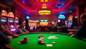 Gamblers at a vibrant poker table experiencing the thrill of 89bet, surrounded by colorful chips and cards.