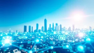 Visualize the concept of digital connectivity through https://whatalker.com with a network of nodes and city skyline.