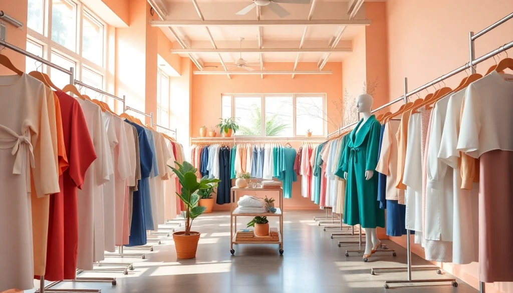 Discover the interior of a clothing store featuring diverse fashionable apparel and a warm atmosphere.