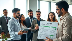 Revisión del Certificado Ahorro Energético en una oficina, con profesionales colaborando.