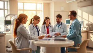 Engaged professionals collaborating on patient care at https://www.medexdtc.com in a modern clinic.