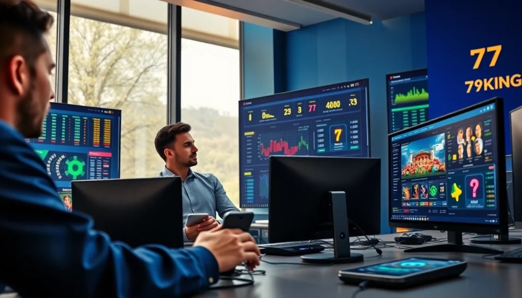 79king betting platform branded scene with analysts and odds dashboards in a modern office