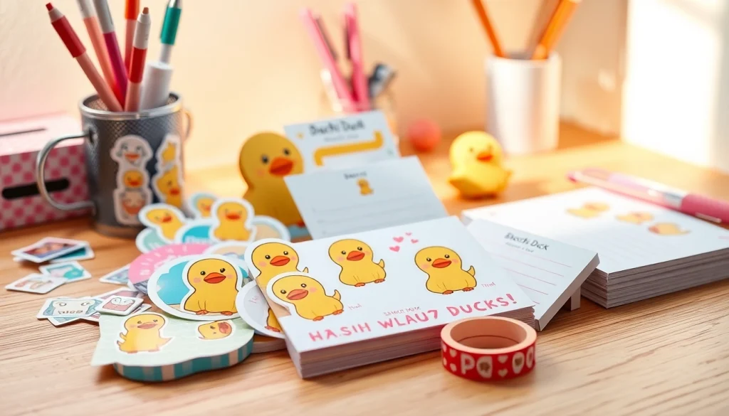 Dachi Duck stationery products displayed attractively on a bright desk, showcasing unique designs.