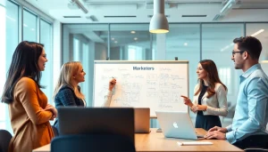 Engaged professionals discussing strategies at Rocktoken.com workspace.