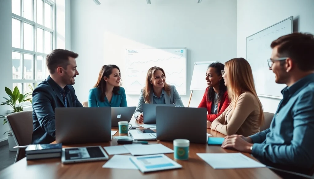 Good Wolf Marketing team collaborating in a vibrant workspace with digital analytics and strategy materials.