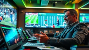 Engaging sports betting analysis featuring mm88 odds and digital interfaces in a vibrant setting.