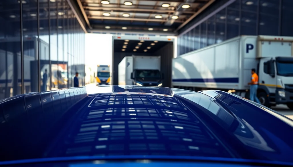 Showcasing exotic car shipping with a luxury vehicle being loaded onto a transport truck.