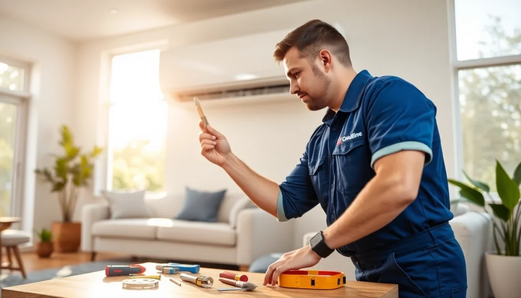 HVAC technician at work on air conditioning unit from https://nobleheatingairservices.com in a modern home
