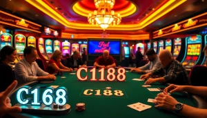 C168 poker players intensely strategizing their next move at a well-lit casino table.