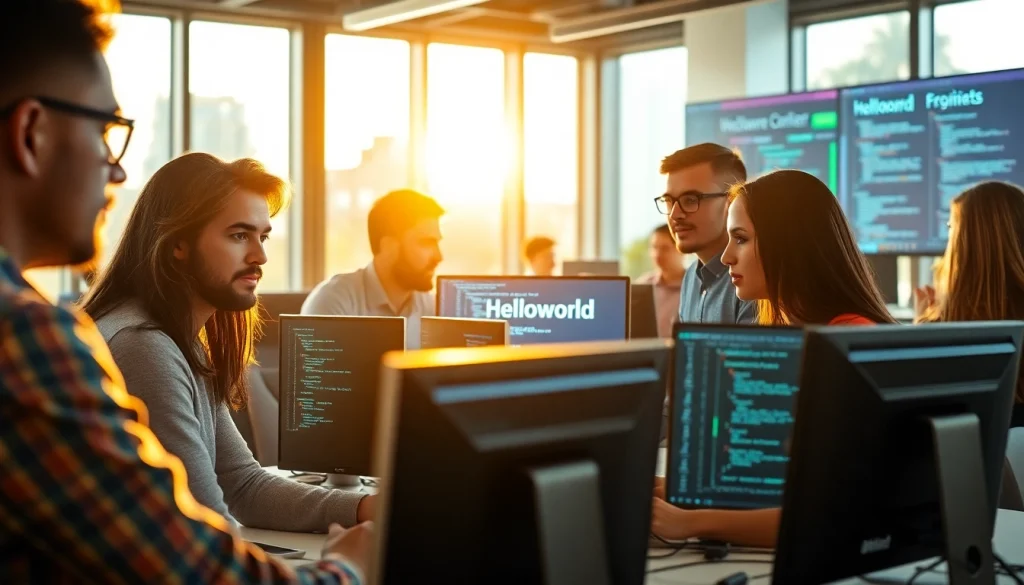 Engaging coding session highlighting the concept of helloworld through teamwork and innovation.