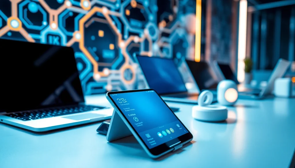 Showcasing innovative Technology with interconnected devices in a modern workspace setting.