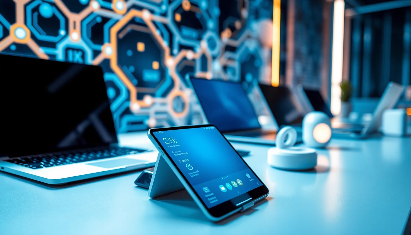 Showcasing innovative Technology with interconnected devices in a modern workspace setting.