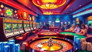KJC AC 3: Exciting casino scene featuring colorful slot machines, poker tables, and roulette wheels for an immersive gambling experience.