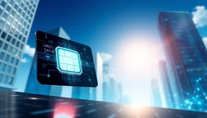 Explore the benefits of eSIM technology on https://esimfo.com with a digital card in a futuristic setting.