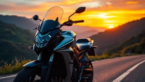 Enhance your ride with motorcyclescreens on a sleek motorcycle against a sunset backdrop.