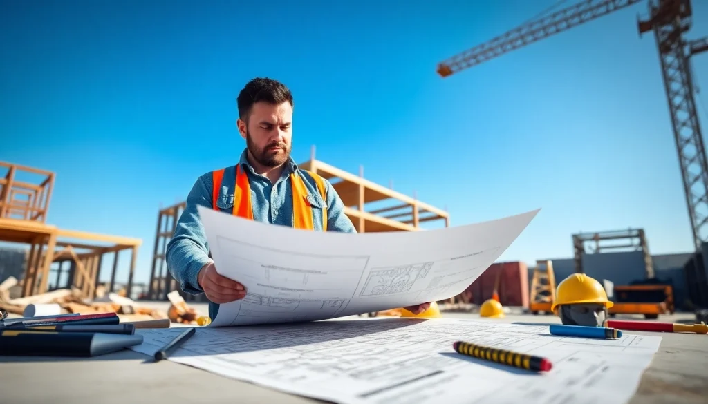 New York General Contractor analyzing construction plans with determination and professionalism.