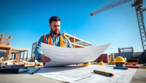 New York General Contractor analyzing construction plans with determination and professionalism.