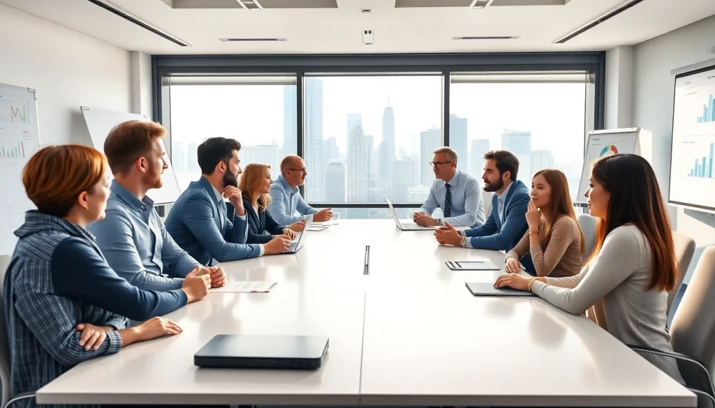 Team at a strategic meeting discussing plans for https://www.shiverhamilton.com in a bright office.