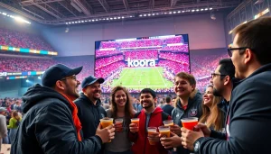 Fans engaged in a Koora live event, showcasing excitement and camaraderie in a stadium-like atmosphere.