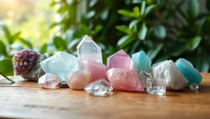 Admire the best crystals forming a beautiful display on a natural wooden table with greenery.