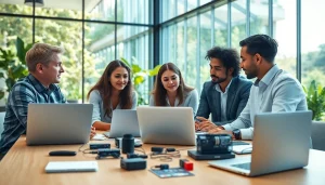 Designing innovative solutions at helloworld官网 with a collaborative team in a modern workspace.