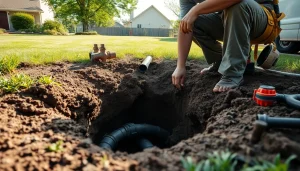 Sewer repair raleigh technician working diligently in a backyard with visible pipes and tools.