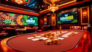 Exciting gambling scene showcasing the MM88 casino logo with poker chips and a roulette wheel.