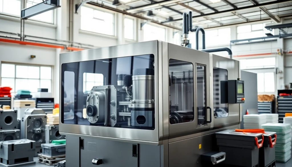 Dynamic plastic injection molding machine operating efficiently in a bright factory setting.